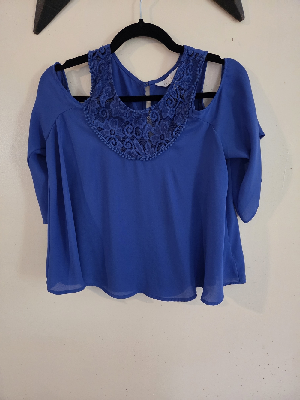 Decree Royal Blue Lace Yoke Cold-Shoulder Blouse